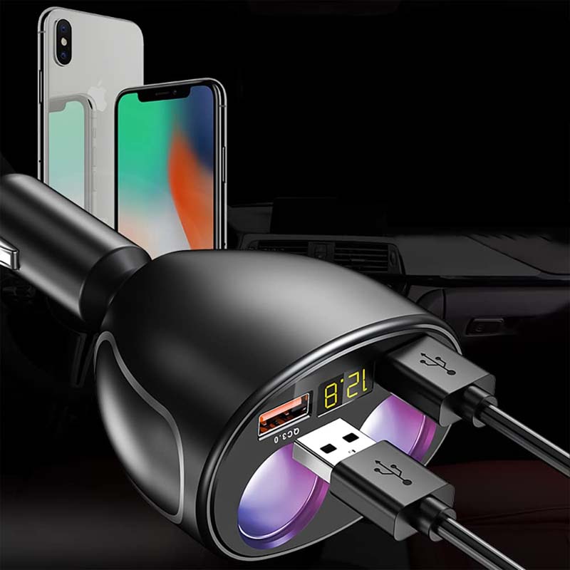 Detaljert bilde av dobbel USB billader, roterbar sigarettennerplugg og spenningsdisplay, klar til bruk.