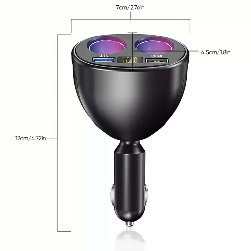 Multifunksjonell bil sigarettenner: 360° roterbar, dobbel USB, spenningsdisplay for 12V/24V.