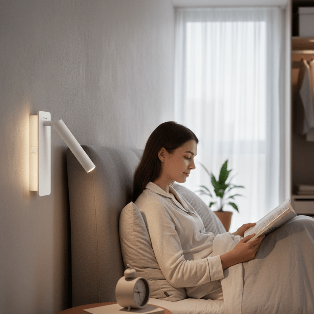 Svart roterbar LED vegglampe. Justerbar leselampe/sengelampe for soverom, gir godt stemningslys.