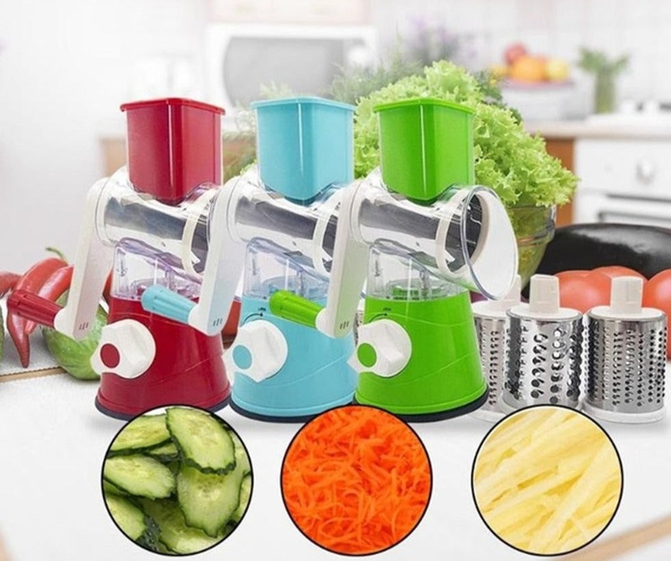 Multifunksjonelt kjøkkenutstyr: roterende rivjern og kutter for ulike ingredienser.