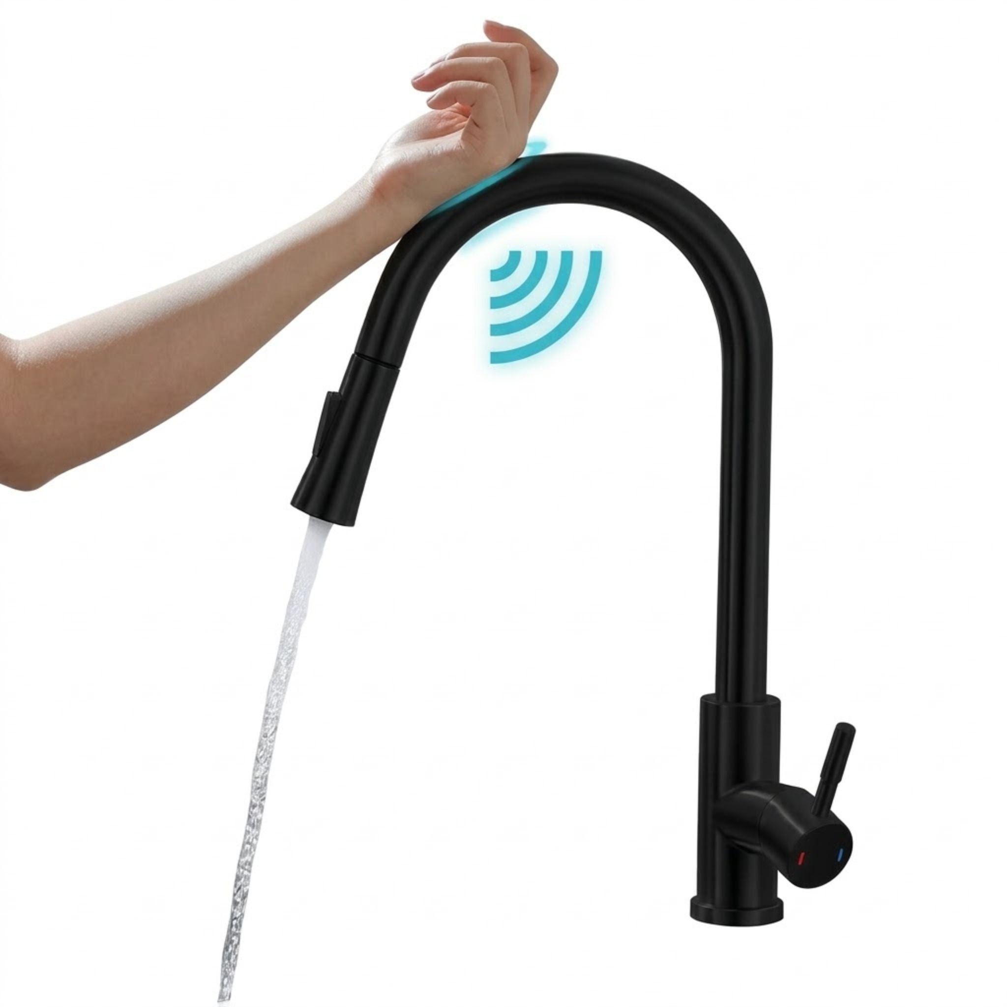Sølv smart kjøkkenkran med sensor og uttrekkbar tut for berøringsfri, hygienisk bruk i moderne kjøkken.