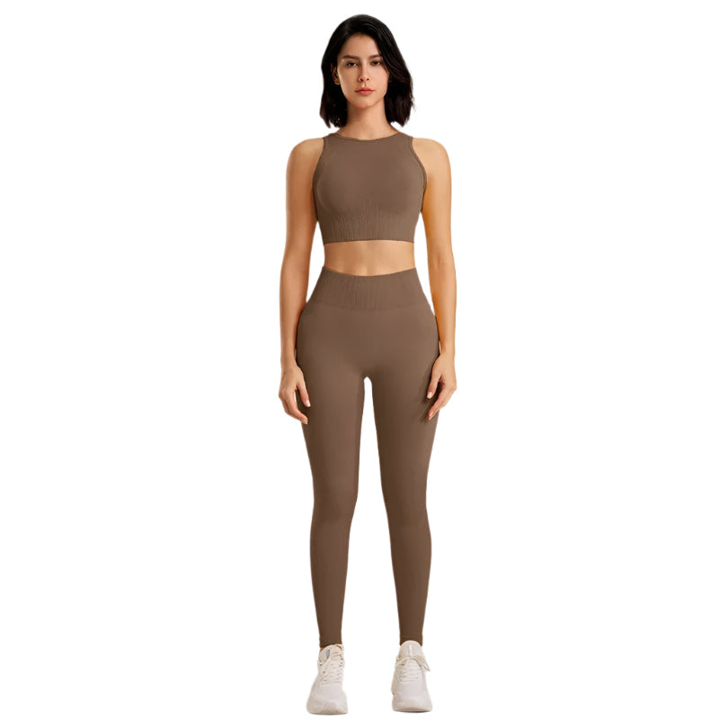 Sømløst yogasett for kvinner, todelt med høy midje leggings og matchende topp for trening.