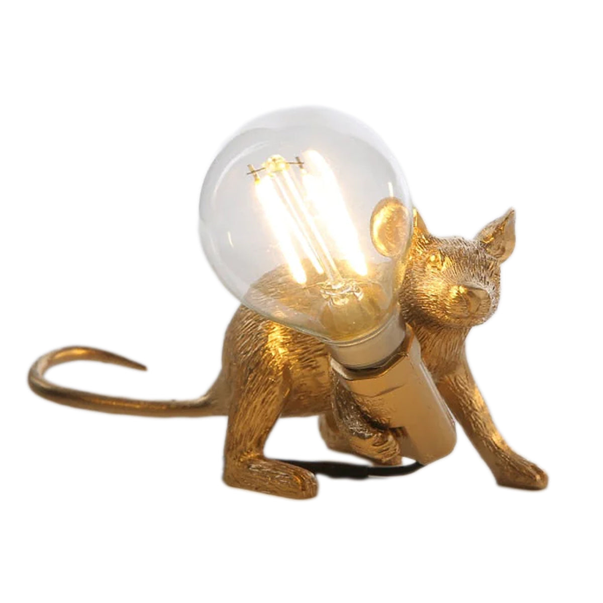 Søt mus bordlampe i harpiks med gullfinish, perfekt dekorlampe for stue eller soverom.