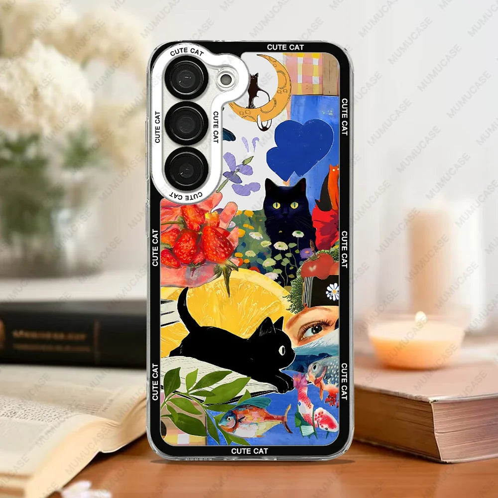 Telefondeksel for Samsung Galaxy med detaljert kattemotiv. Slitesterk TPU gir beskyttelse mot riper.