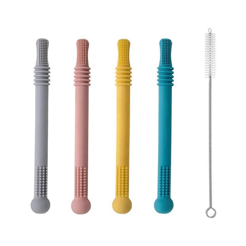 "Sanftes, BPA-freies Silikon Beißröhrchen für Babys, ergonomisch geformt zur Zahnfleischmassage und einfacher Handhabung."