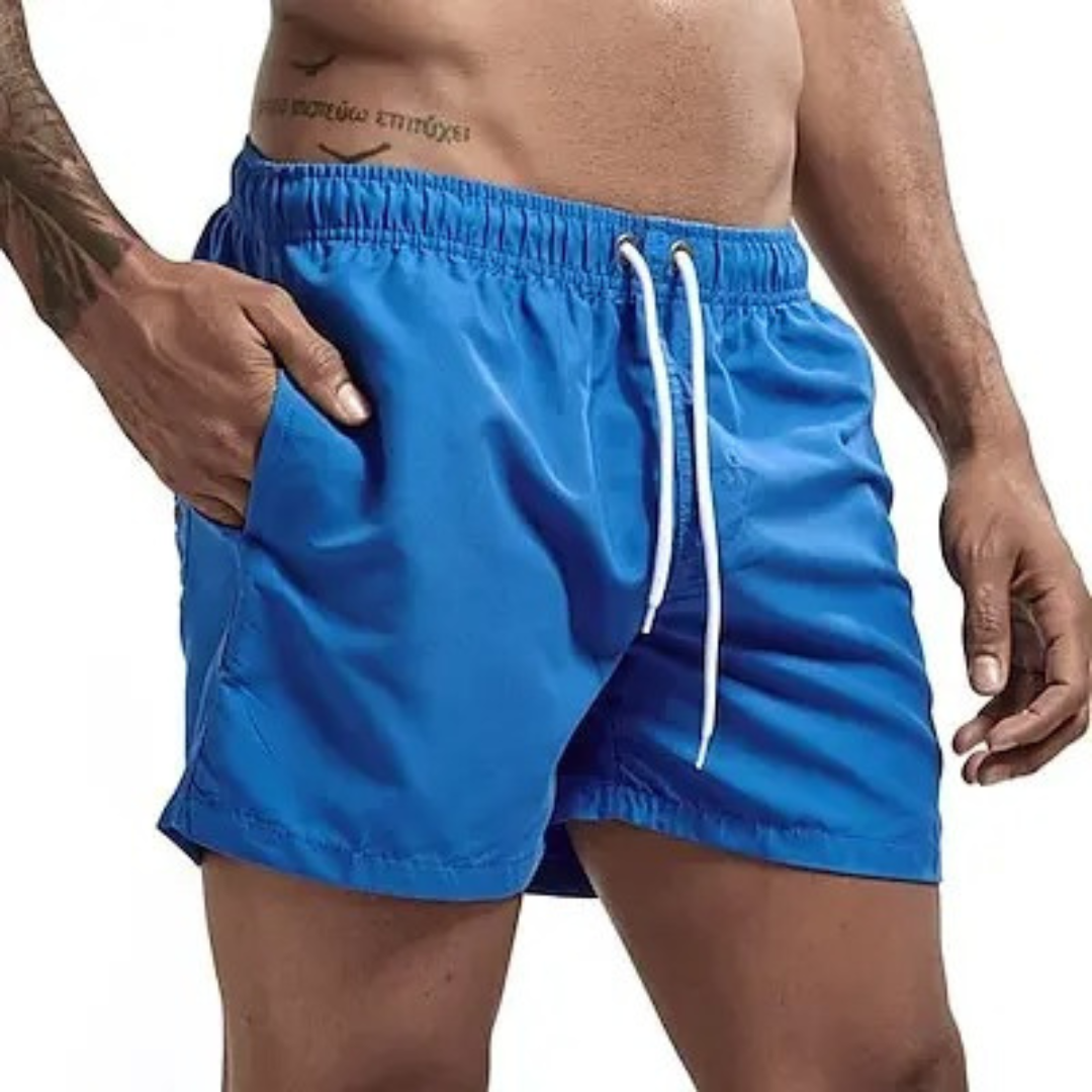 Nærbilde av stoffet på hurtigtørkende herre badeshorts, vannavvisende.