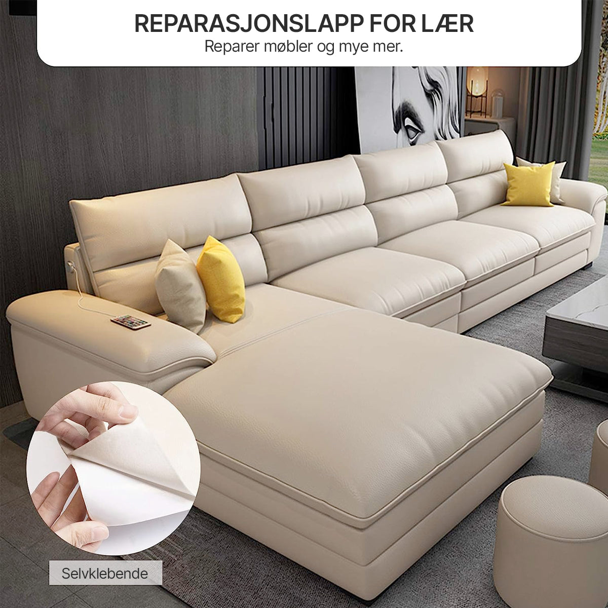 Effektiv skinnreparasjon med selvklebende lapp (50x138 cm) i slitesterkt PU-skinn.