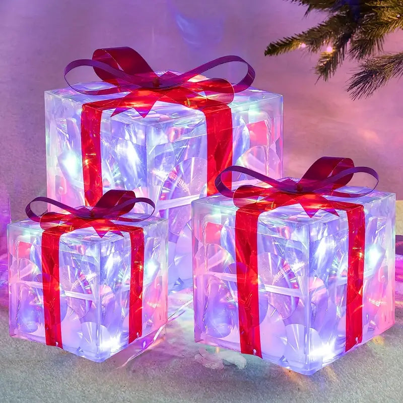 Juledekorasjon: Lysende gaveesker med LED-lys, perfekt julepynt for innendørs og utendørs bruk.