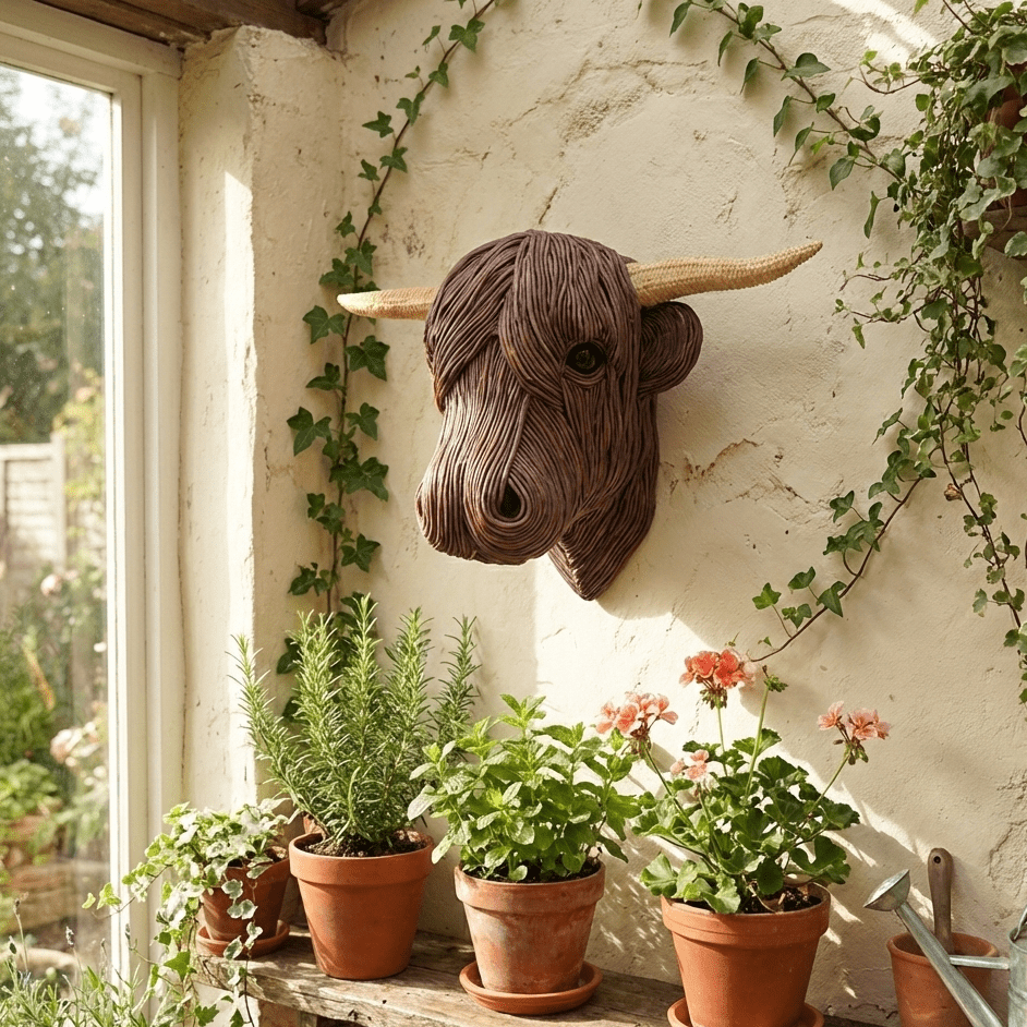 Rustikk kuveggskulptur, dyrevennlig og vegansk veggkunst i landlig stil. Flott gaveidé.