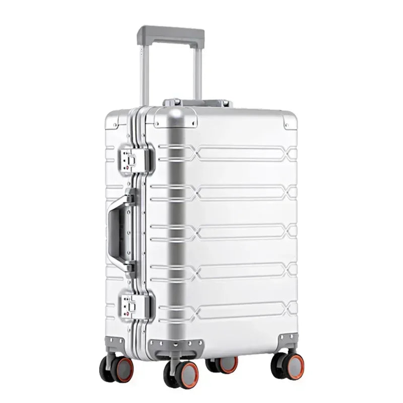 Slitesterk reisekoffert i aluminium-magnesiumlegering med spinnerhjul for enkel reise.