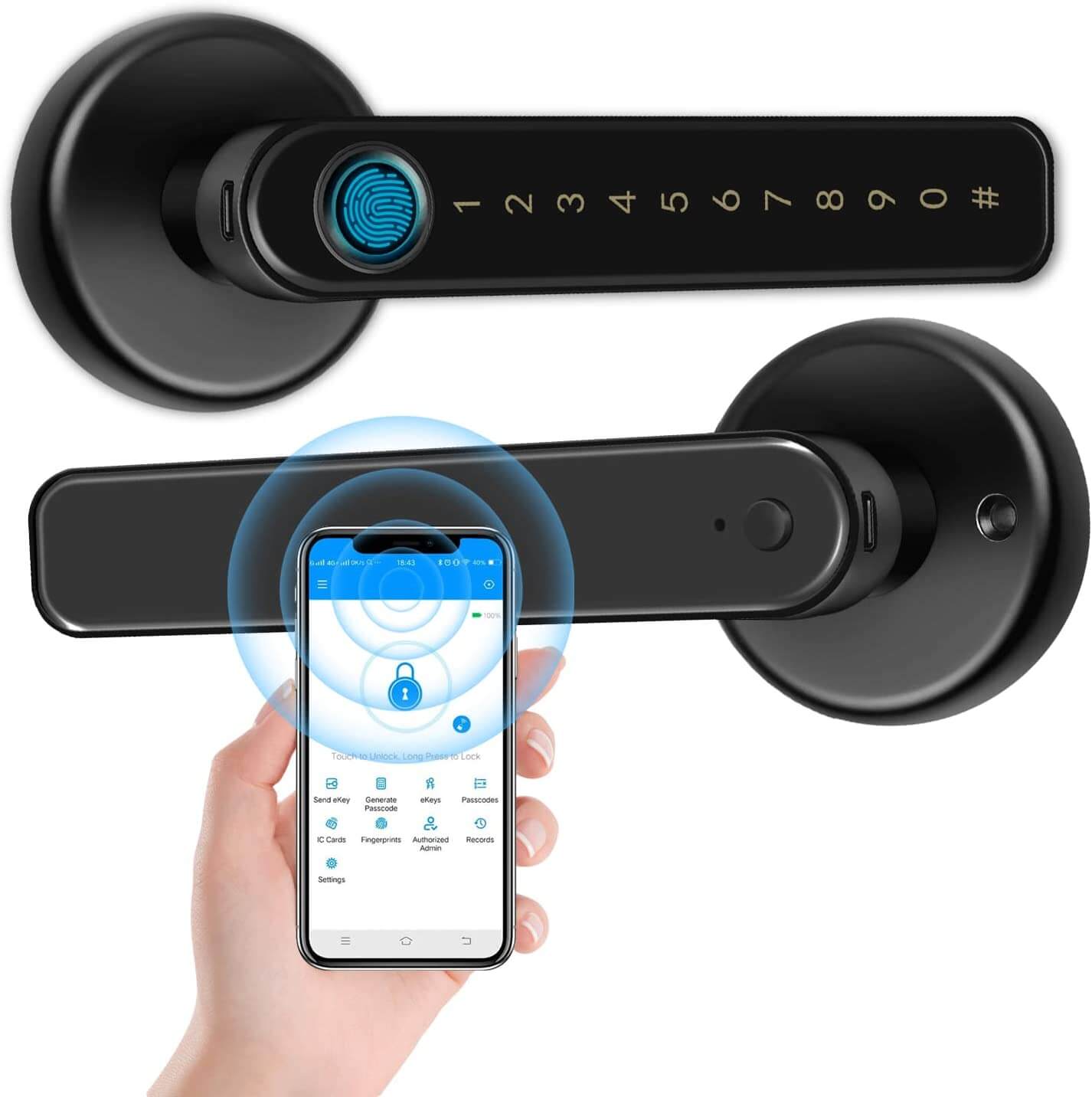 Minimalistisk smart dørlås i børstet stål med fingeravtrykk; en stilren og sikker løsning for moderne hjem.