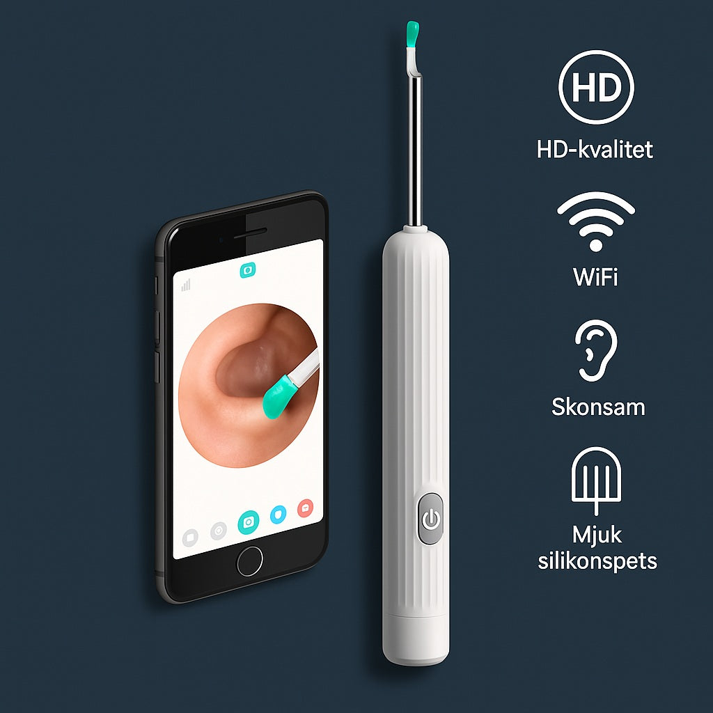 Vanntett smart ørerenser med HD-kamera og silikontupp for skånsom, effektiv ørepleie. USB-C.