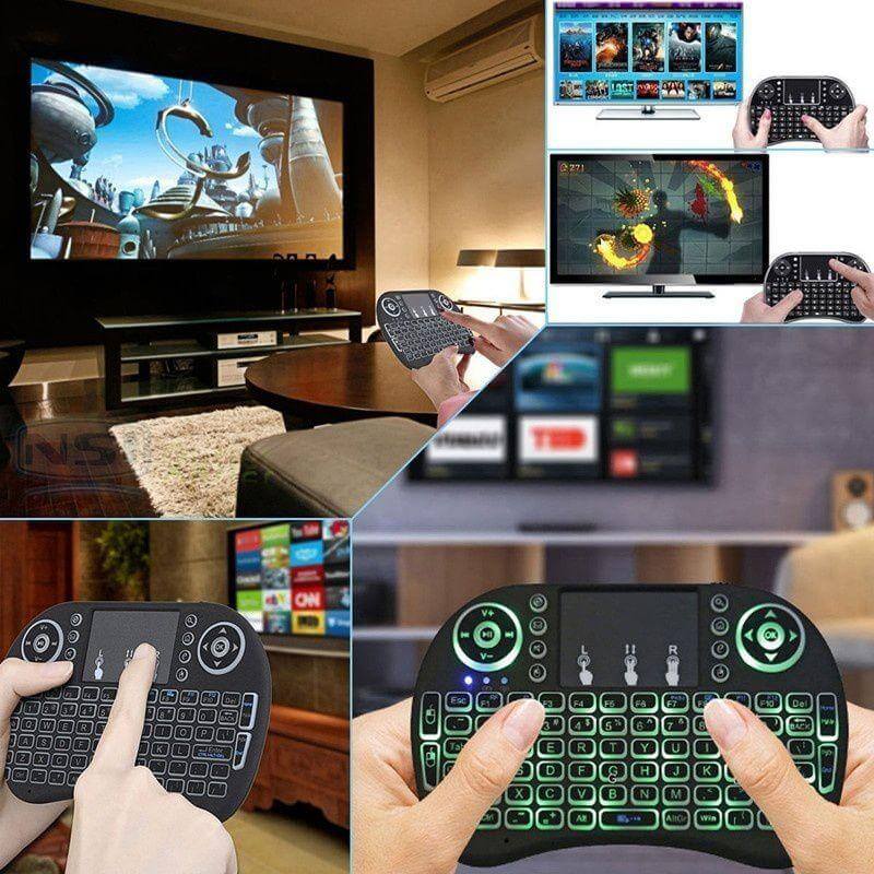 Trådløs spillkontroller og tastatur med integrert touchpad. Ergonomisk design for Android TV og gaming.