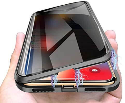 Mobilbeskyttelse med herdet glass og magnetisk ramme. Sikrer telefonen mot fall.