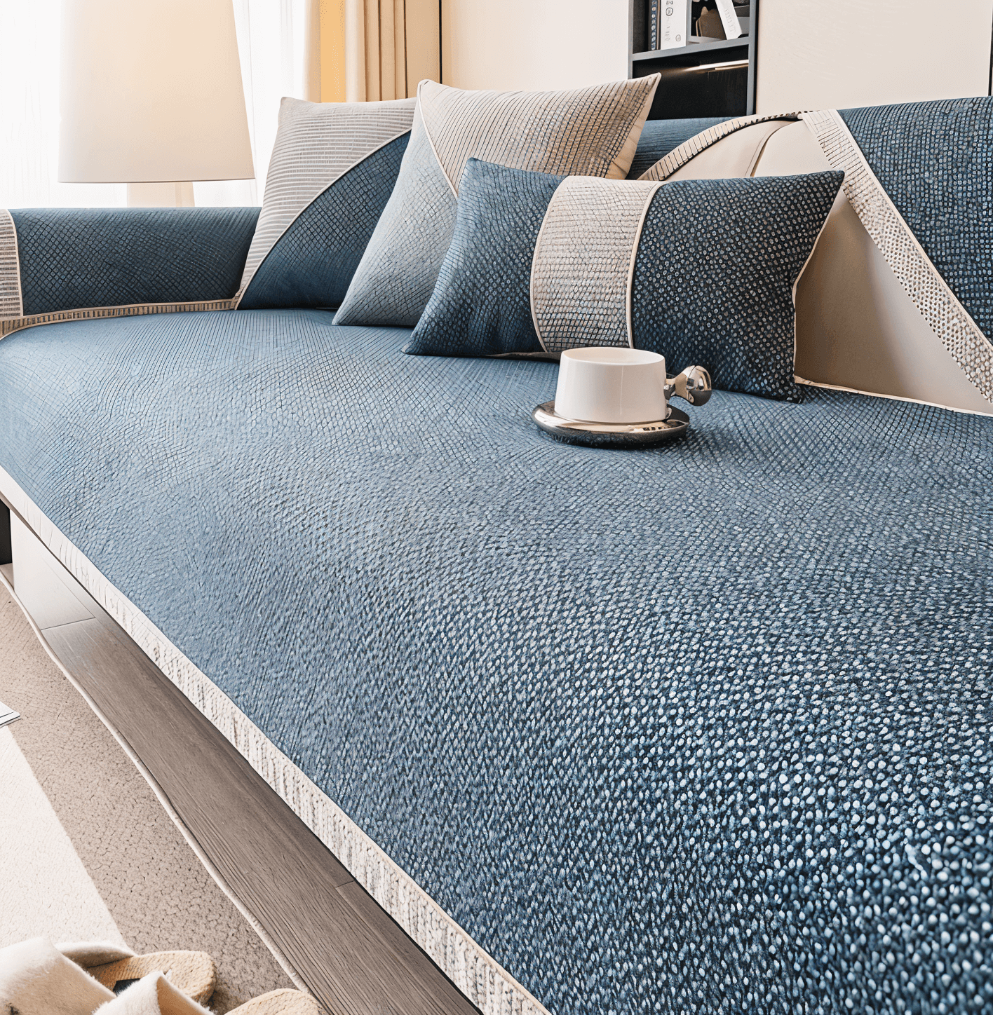 Sofatrekk i beige farge som gir stuen et friskt og moderne interiør. Sklisikker design for trygg bruk.