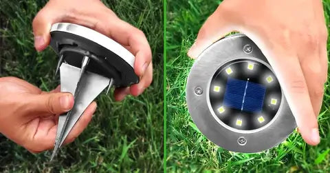 Slankt, vanntett solcelle disklys med 8 LED for diskret og effektiv belysning av plen, sti og uteområder.