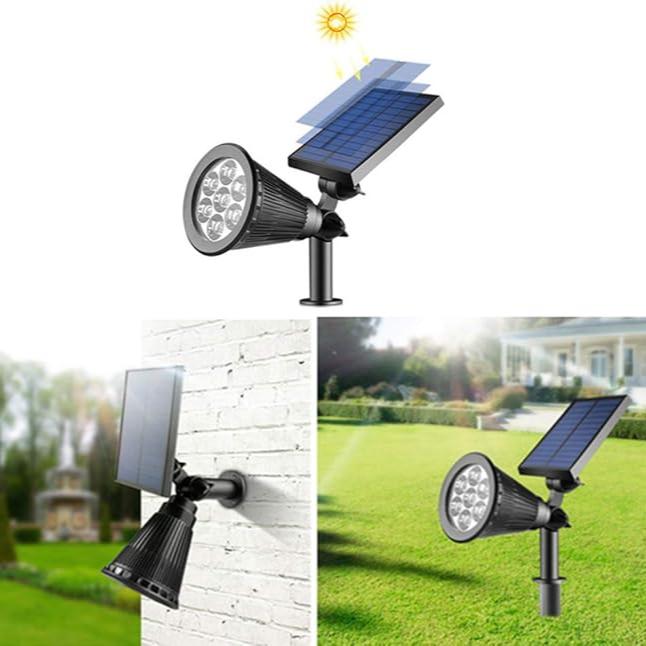 Justerbar solcellelampe viser ulike lysvinkler for optimal og fleksibel utendørsbelysning.