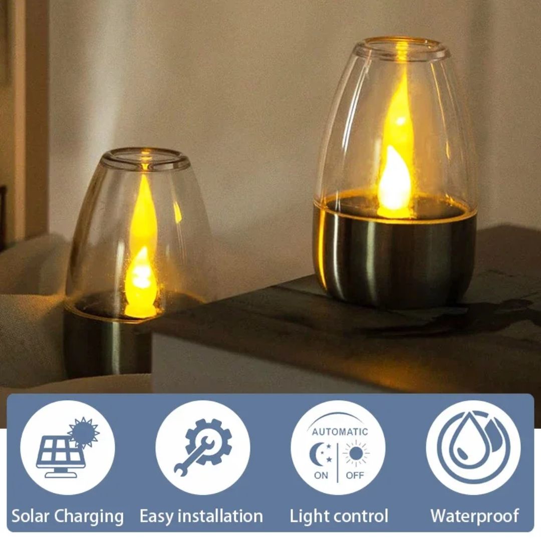 Utendørs LED stearinlys med varmt gult lys, drevet av solenergi, perfekt som hagedekorasjon.