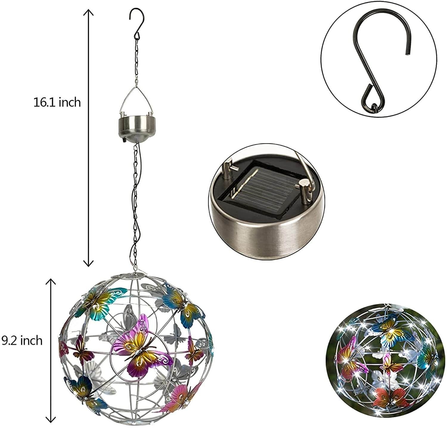 Detalj av solcelledrevet sommerfugl orb, perfekt hagelys for enhver hage.