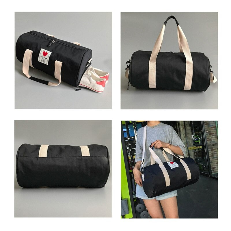Oversikt over romslig dame duffelbag i sort nylon, allsidig reiseveske for trening og weekend.