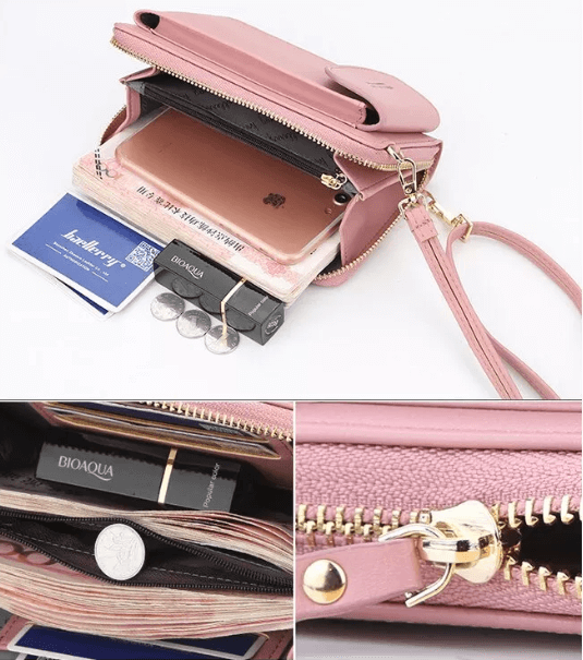 Dame crossbody veske i PU-lær, viser justerbar reim og elegant design.