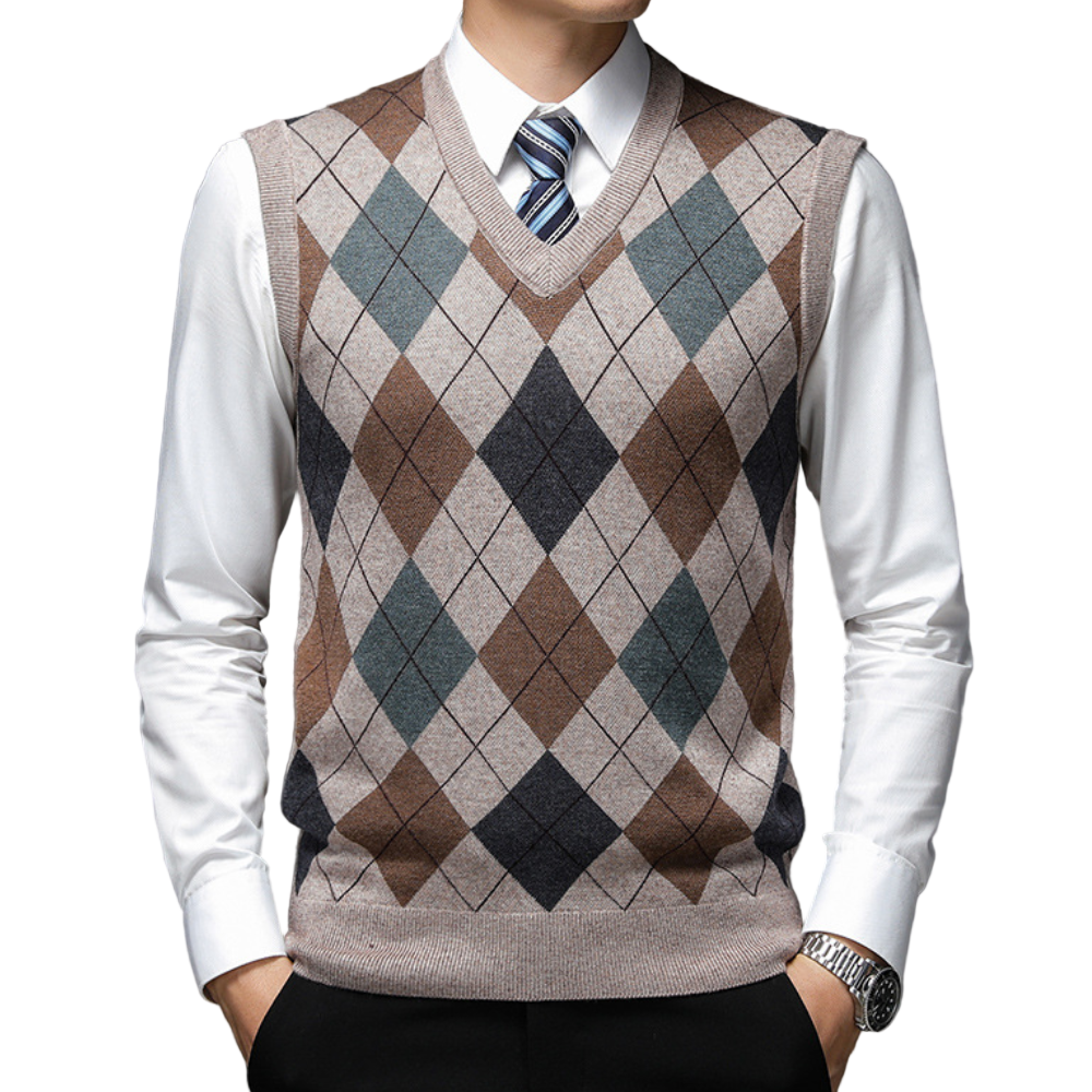 Stilig grå herresweater vest uten ermer med V-hals. Ideell for lag-på-lag og smart casual herremote.