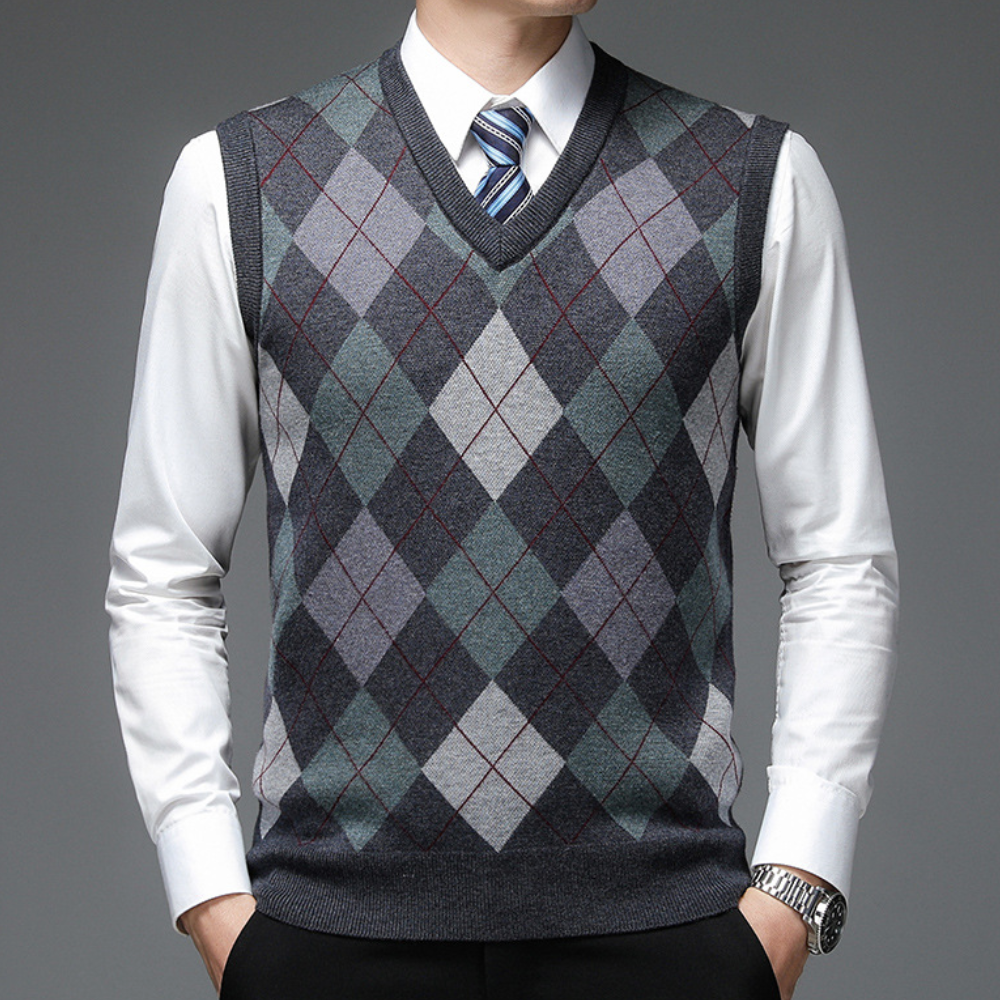 Mørk herresweater vest uten ermer for menn. Med V-hals, perfekt for både komfortable hverdags- og smart casual antrekk.