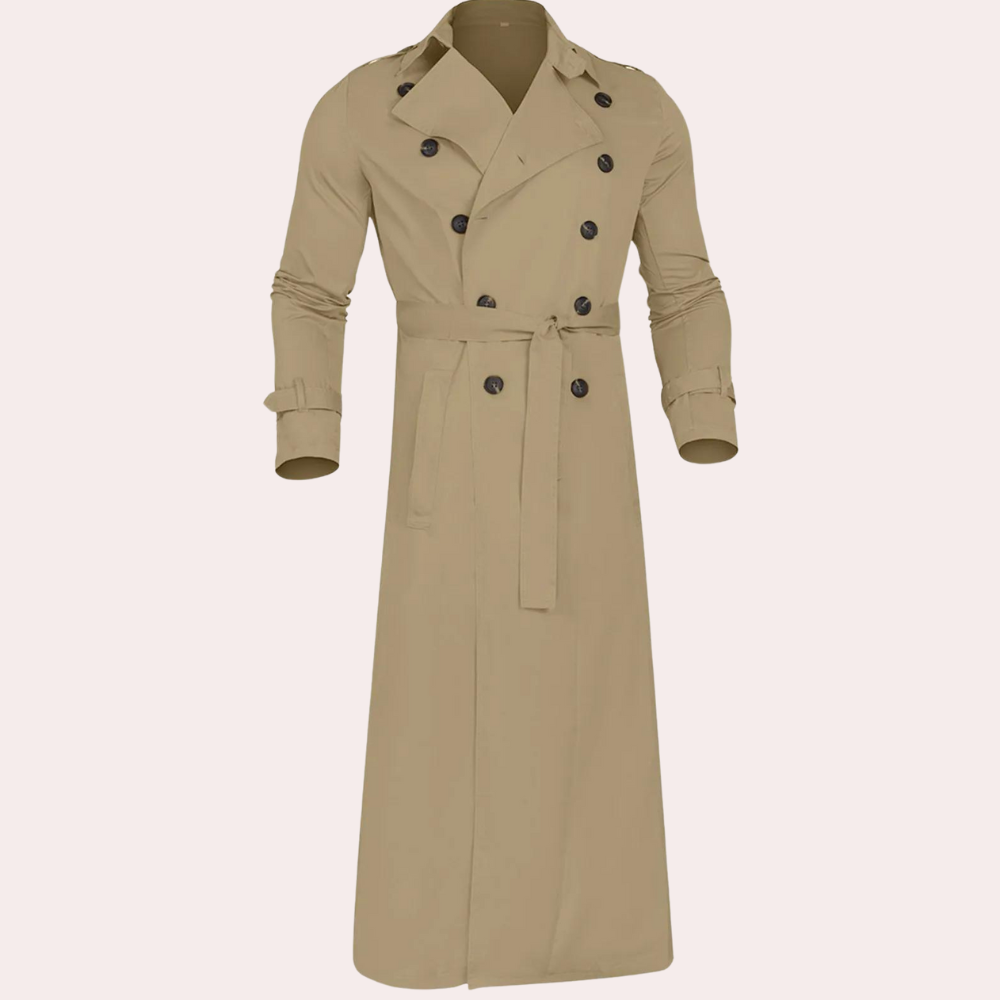 Komfortabel herre trenchcoat i klassisk stil. En elegant lang ytterjakke, perfekt for menns casual frakk.