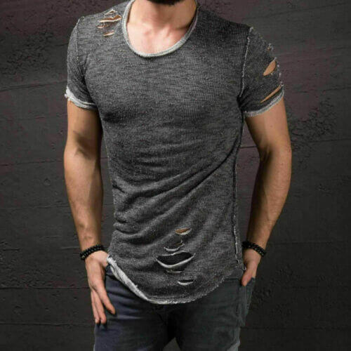 Svart hullete t-skjorte til menn. Motebevisst kortermet slim fit for trendy fritid og sommer.