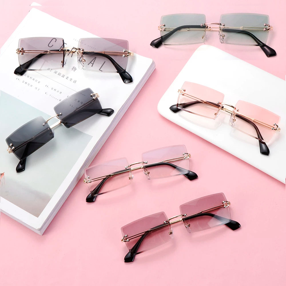Lettvekt rammeløse solbriller, rektangulære glass for menn og kvinner. UV400 mote tilbehør.