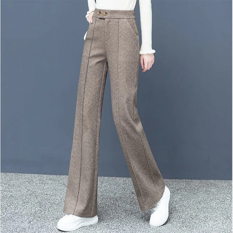 Moderne dame bukser med vide ben. Høy midje, varme og komfortable vinterbukser i khaki, svart eller grå.