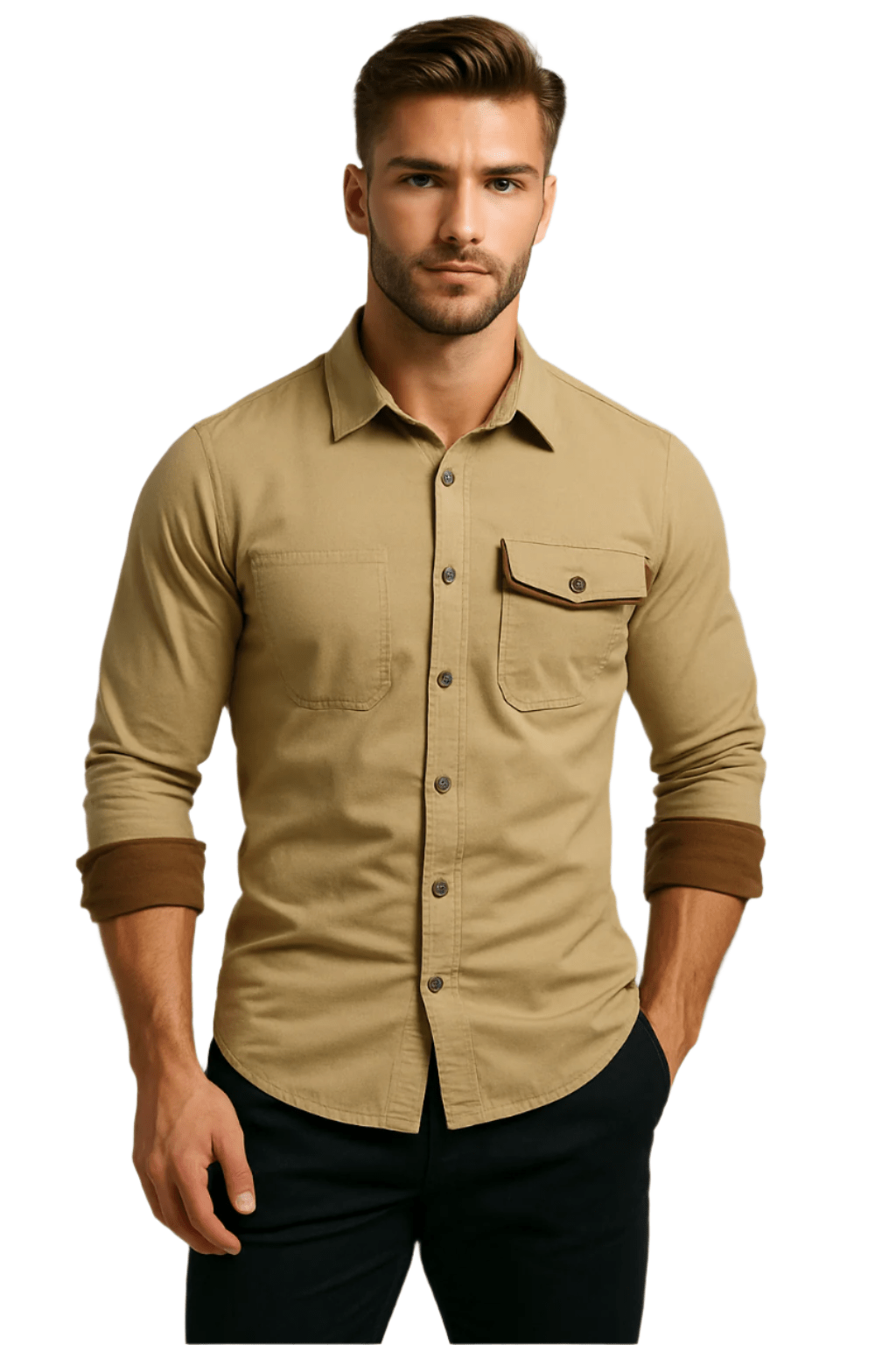 Stilren langermet herreskjorte med button-up, kontrastmansjetter og brystlomme. Perfekt hverdag/formell.