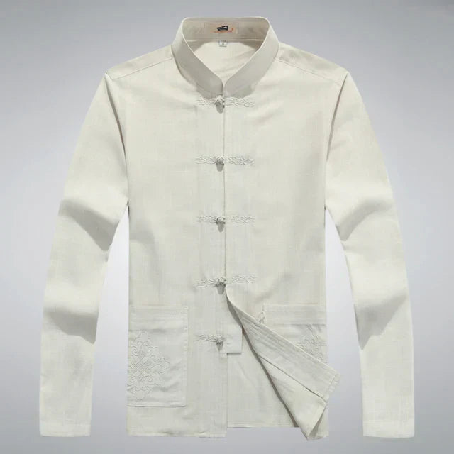 Komfortabelt herreklærsett i japansk stil med langermet topp og bukser for daglig bruk.
