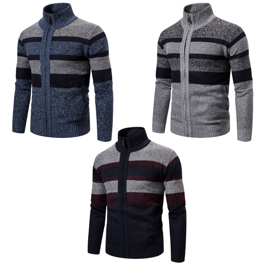 Trendig herrecardigan i strikket materiale med stilige striper, perfekt for motebevisste menn.