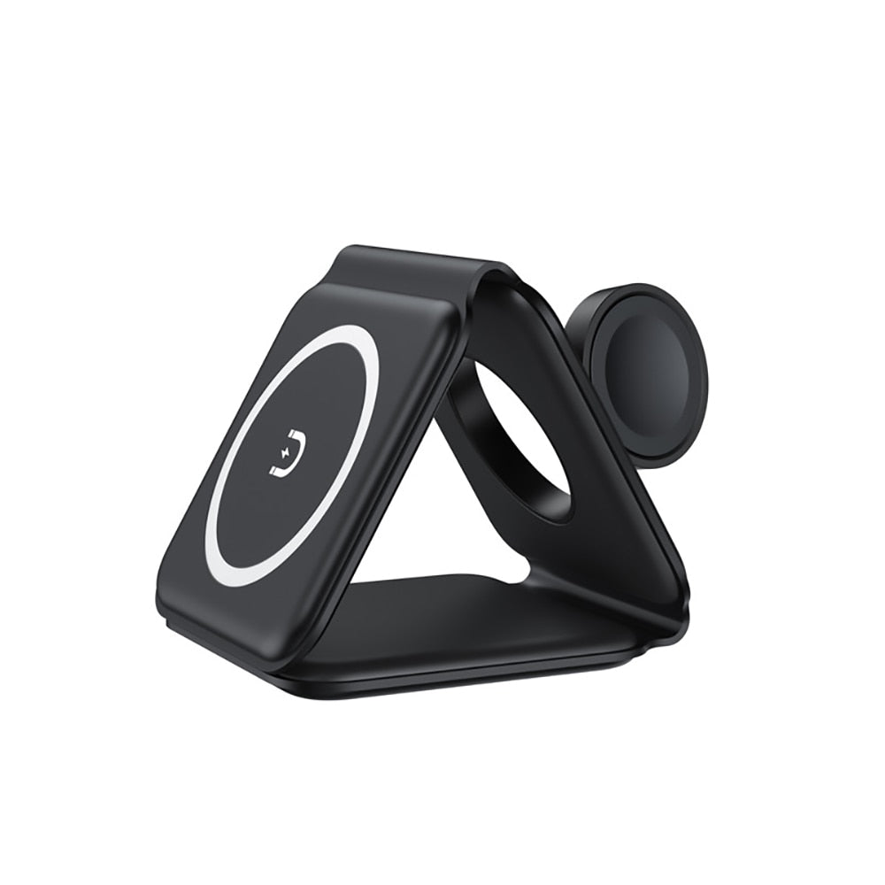 Svart 3-i-1 trådløs lader med magnetisk feste for smarttelefon, smartklokke og ørepropper.