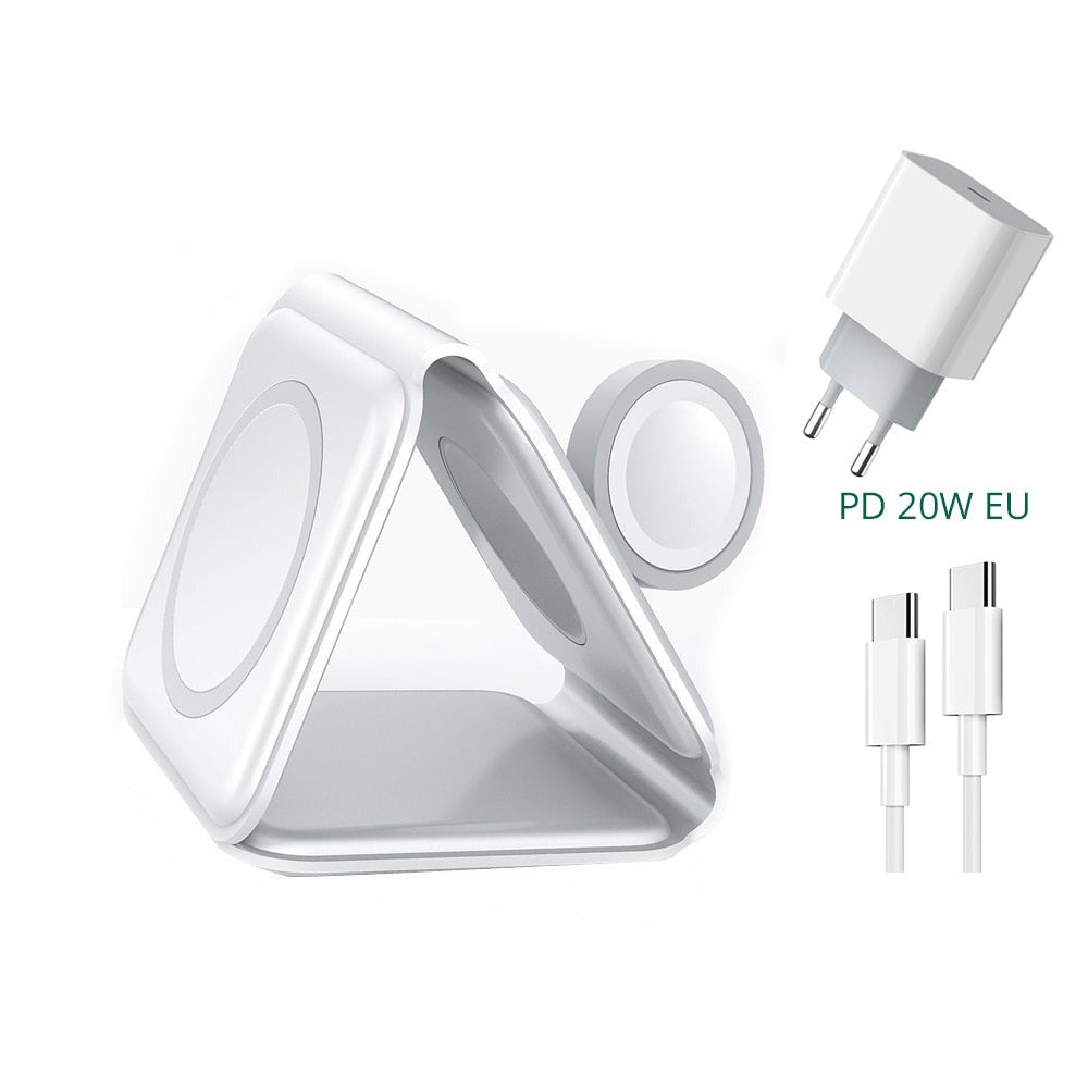 Sleek, ubesatt 3-i-1 sammenleggbar magnetisk lader som viser det minimalistiske designet.