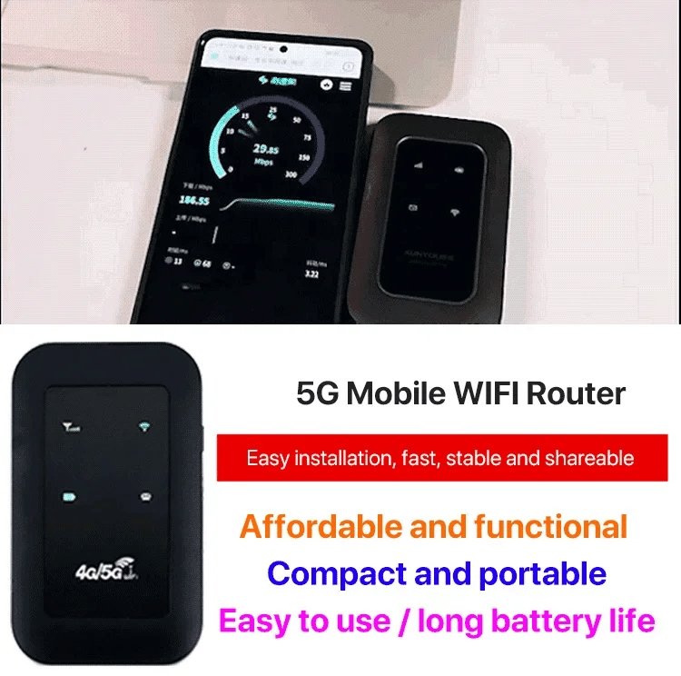Svart 5G mobil wifi-ruter med SIM-kort. Bærbar høyhastighets internett for jobb og fritid.