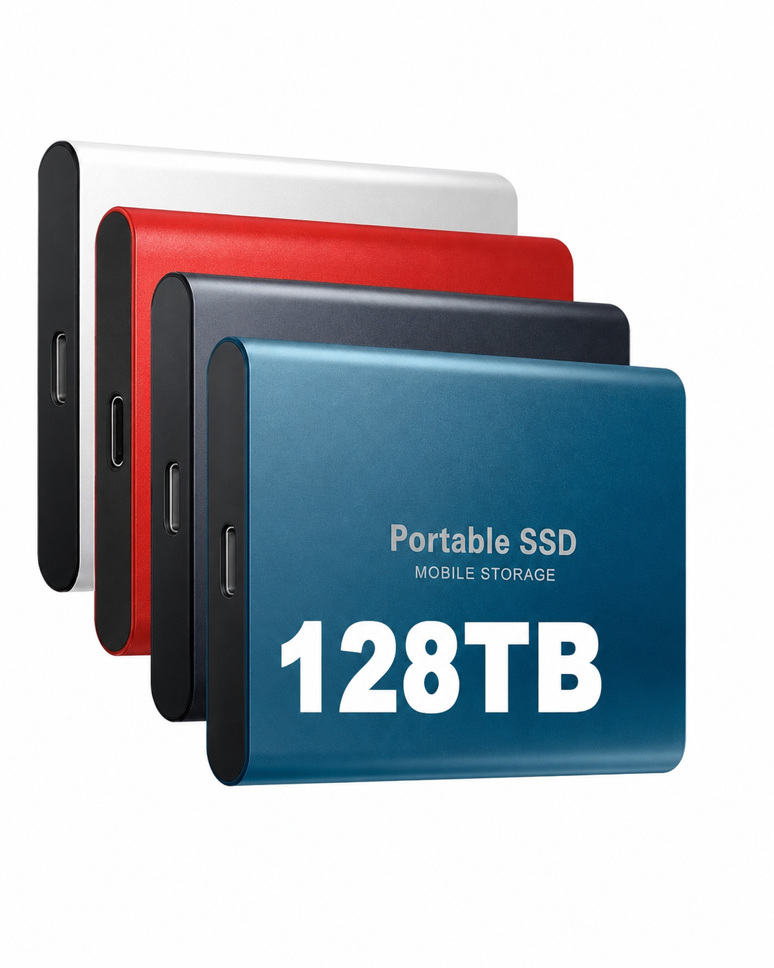 Svart ekstern SSD 128TB med USB-C for rask, bærbar datalagring. Kompakt og støtsikker design for mobil bruk.