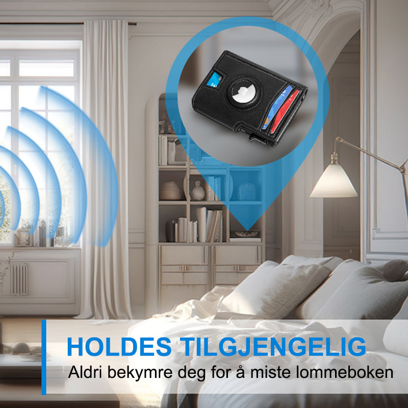 Åpen svart PU-lær lommebok viser rom for kort og sedler.
