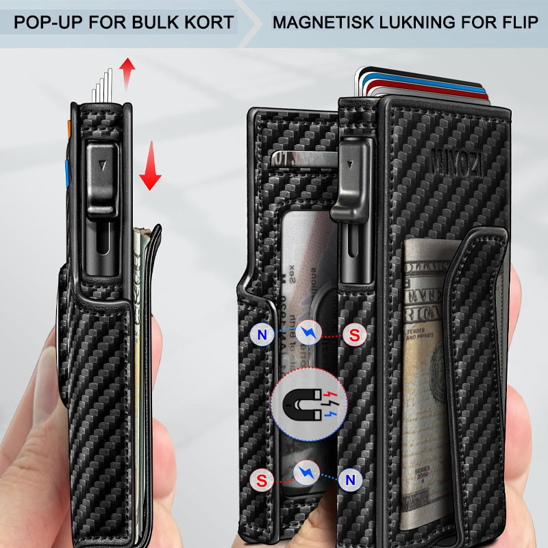 Lukket brun PU-lær lommebok med slank design og RFID-beskyttelse.