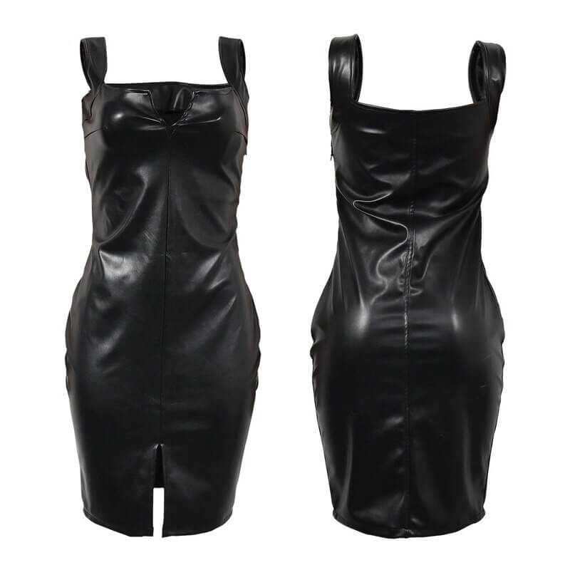 Svart glansfull bodycon kjole for dame, fremhever kurver, elegant festkjole.