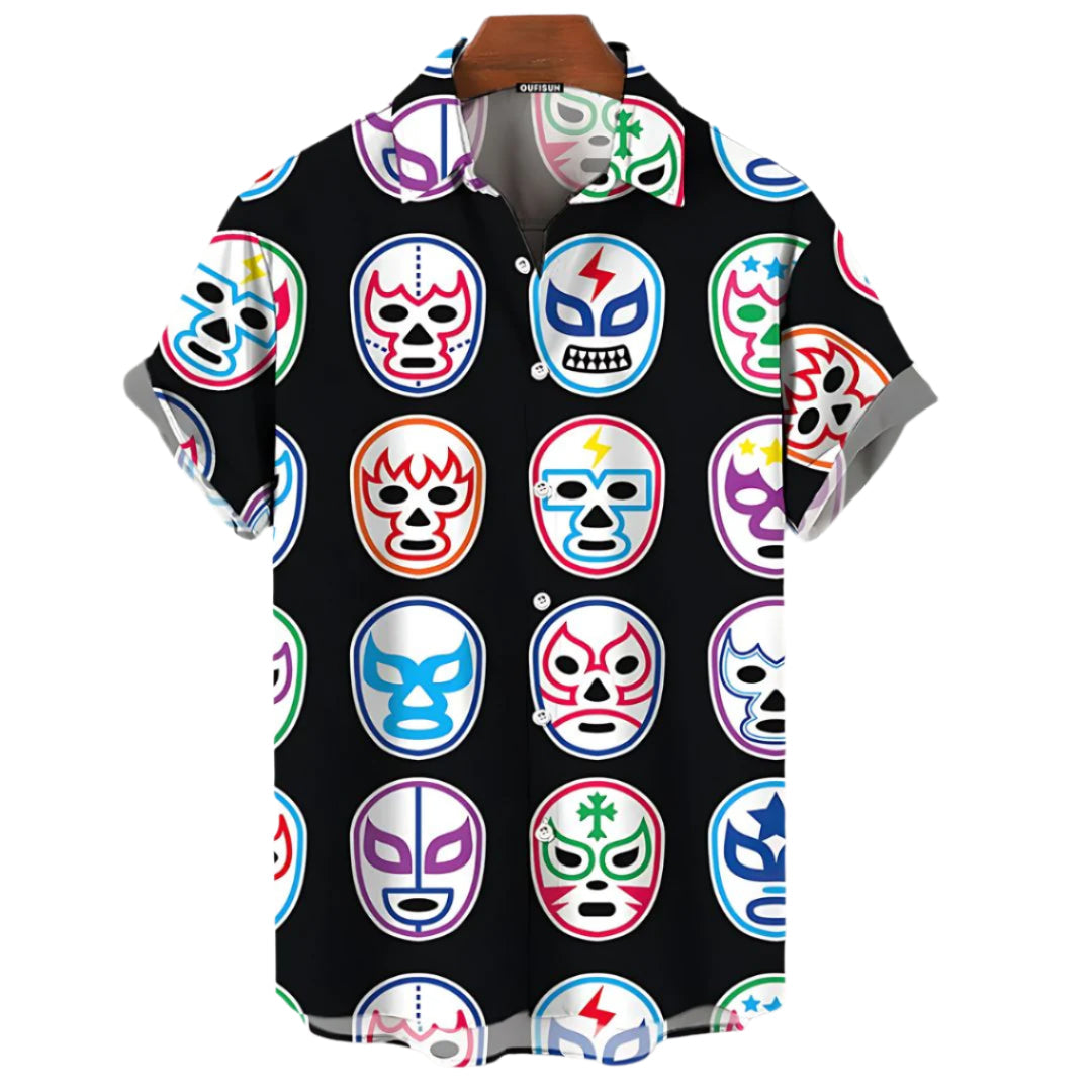 Svart herreskjorte med fargerikt luchador-motiv, pustende lettvekt sommerskjorte for avslappet stil.