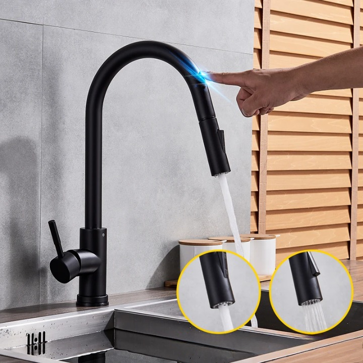 Kjøkkenkran i rustfritt stål med berøringskontroll og uttrekkbar tut. Ett-hulls design for enkel installasjon.