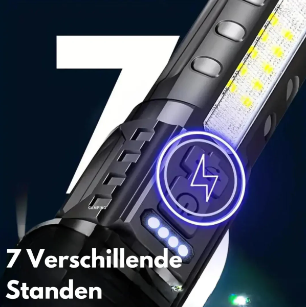 Allsidig militær lommelykt, kraftig 5000 lumen, robust design for camping, fottur og nødssituasjoner.