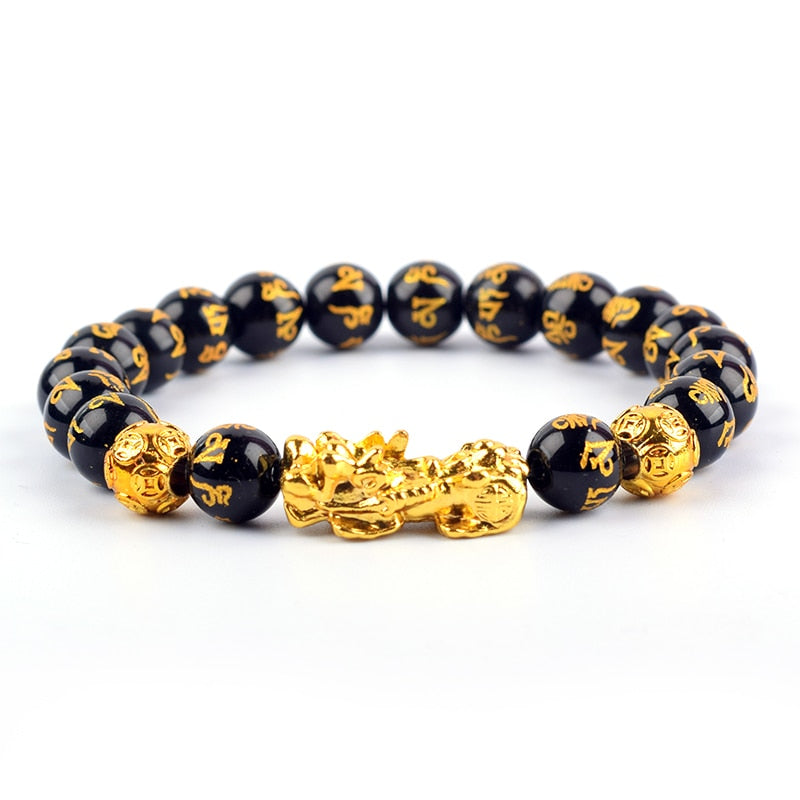 Svart obsidian Feng Shui armbånd for kvinner, gullbelagt Pi Xiu, bringer lykke og beskyttelse.
