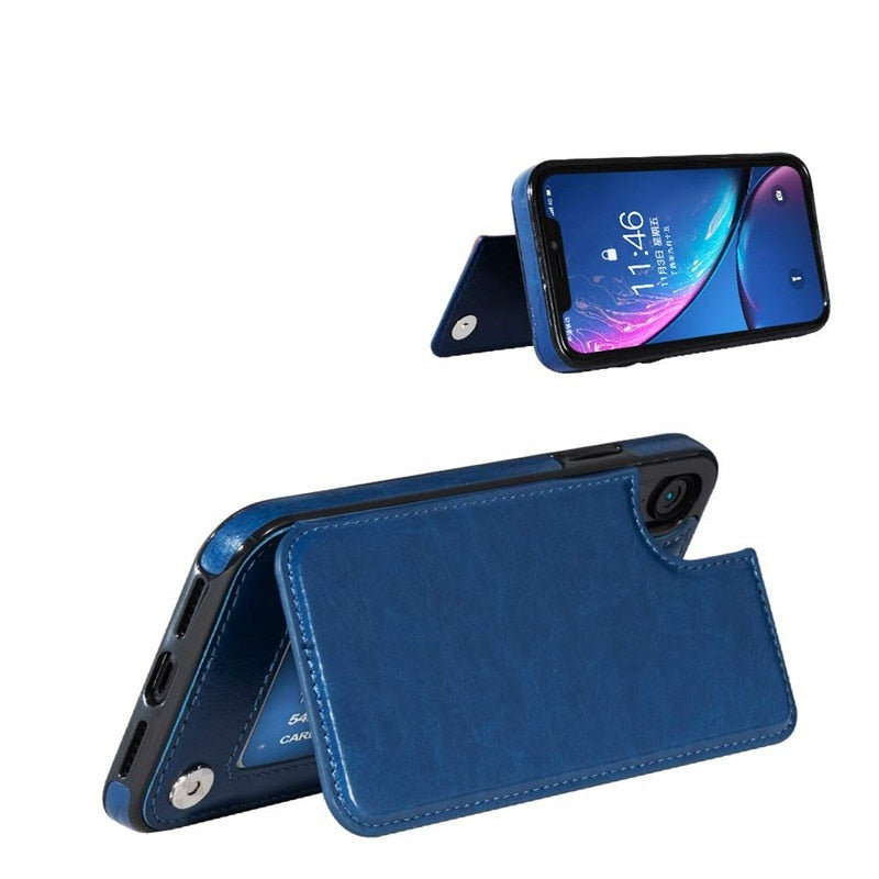 Svart multifunksjonell unisex iPhone lommebokveske i PU-skinn med kortholder og stativfunksjon.