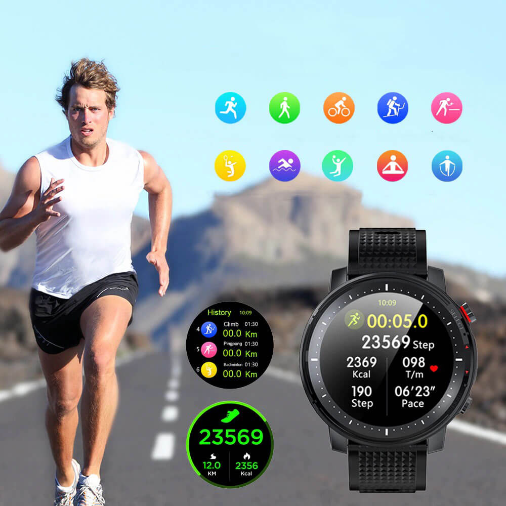 Menns smartklokke i svart/rødt design. Aktivitetsmåler, pulsmåler og vanntett sportsklokke for trening.