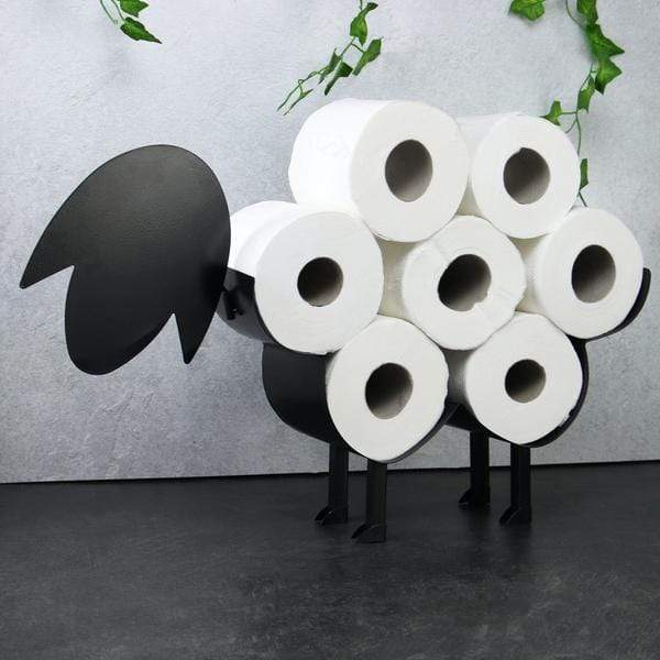 Elegant svart sau toalettpapirholder, kombinerer design og praktisk oppbevaring for et stilfullt bad.