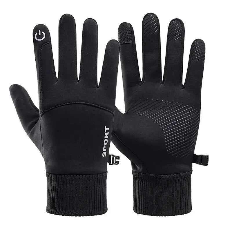 Svarte unisex fleecehansker med berøringsskjerm, varme og vanntette, perfekte for vinter og utendørs bruk.