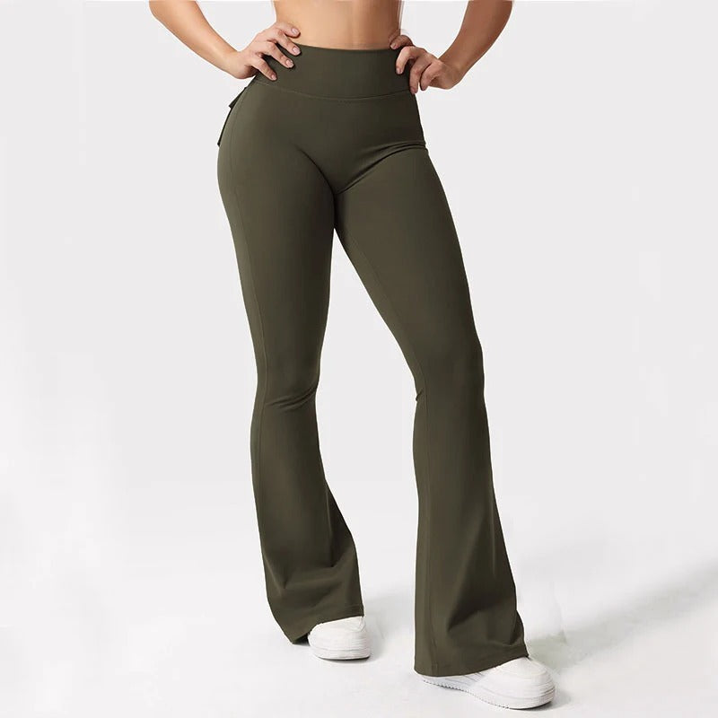 Fleksible yogaleggings for kvinner, høy midje, super stretch for dype positurer og praktiske lommer.